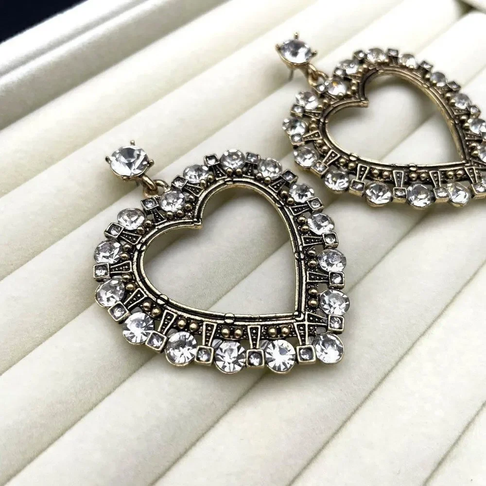 Antique Yellow Gold with White Diamond Crystal Open Heart Dangling Post Earrings